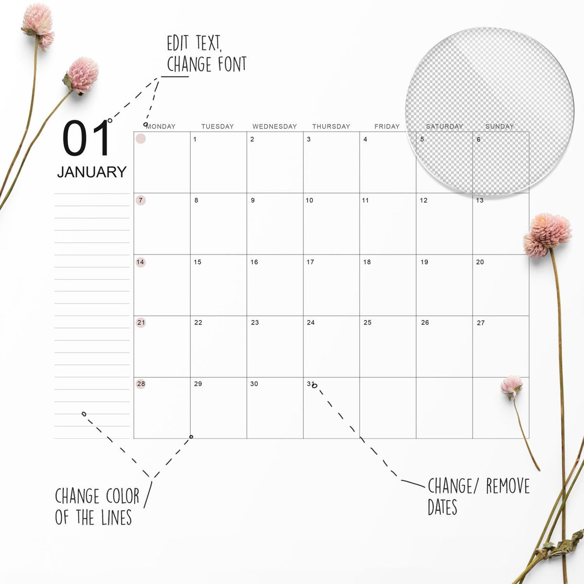 Editable Monthly Calendar template Landscape PSD Procreate