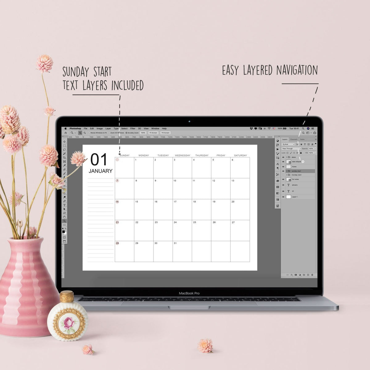 Editable Monthly Calendar template Landscape PSD Procreate