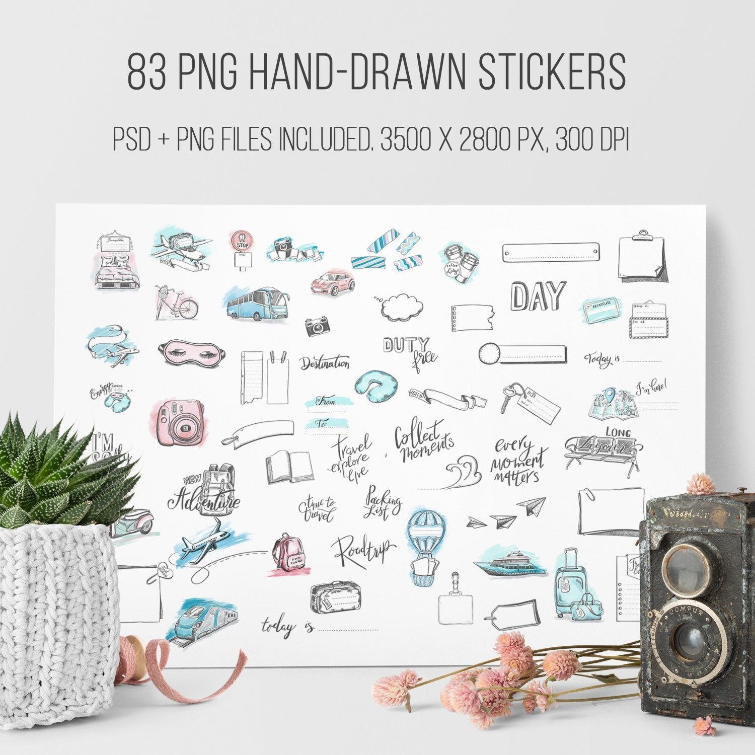 Travel journal Sticker pack - Hand drawn Digital stickers - 83 PNG