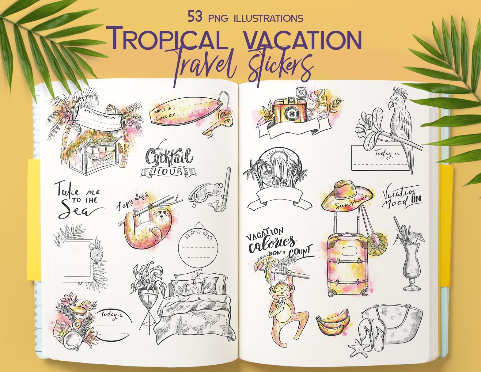 Tropical vacation - Travel journal stickers - Planner sticker bundle -  Holiday stickers - Summer trip - Digital Scrapbooking